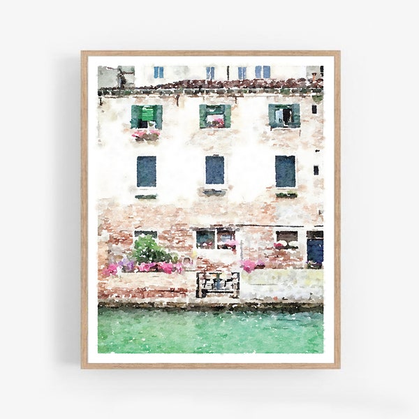Impresión digital de Venecia, Italia, en tonos neutros. Arte mural en acuarela. Fachada de edificio, canal, arquitectura, calle. Tamaños disponibles: 5x7, 8x10, 11x14, 16x20 y 18x24 pulgadas.