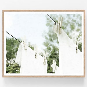 Neutral Laundry Room Print Watercolor Wall Art Digital Download, Clothesline Clothespins, Landscape Painting 5x7, 8x10, 11x14, 16x20, 18x24