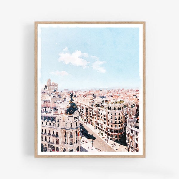 Madrid Painting Spain Wall Art Digital Download, Gran Via Travel Wall Art European Art Europe Decor Cityscape 5x7, 8x10, 11x14, 16x20, 18x24