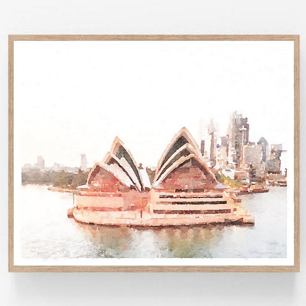 Sydney Opera House Australia Watercolor Painting Digital Printable, Neutral Wall Art, Harbour Landscape Print 5x7, 8x10, 11x14, 16x20, 18x24