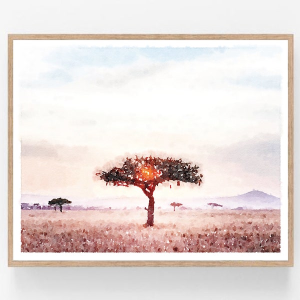 Serengeti Tanzania Africa Watercolor Print Digital Download, Safari Landscape Wall Art, African Decor Poster 5x7, 8x10, 11x14, 16x20, 18x24