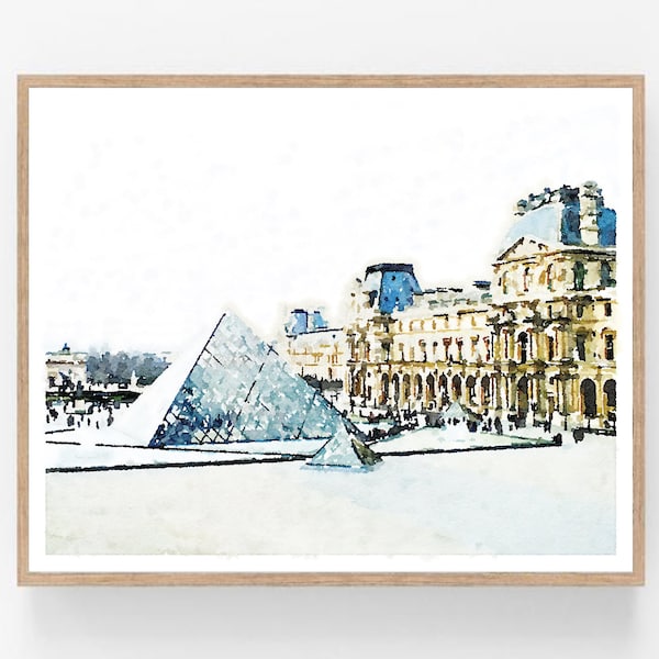 Paris France Musée du Louvre Aquarelle Peinture Numérique Imprimable, Français Wall Art Voyage Impression Affiche Décor 5x7, 8x10, 11x14, 16x20, 18x24