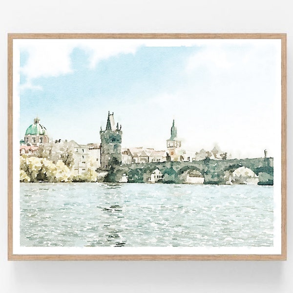 Prague Peinture Vieille Ville Pont Charles République Tchèque Imprimable numérique, Aquarelle Mur Art Paysage Urbain Impression 5x7, 8x10, 11x14, 16x20, 18x24