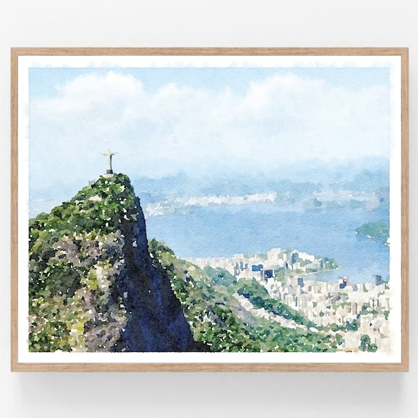 Rio de Janeiro Brazil Christ the Redeemer Statue Watercolor Wall Art Print Digital Printable Photography Neutral 5x7 8x10 11x14, 16x20 18x24