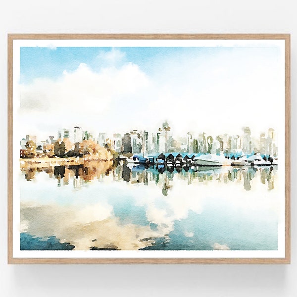 Vancouver Canada Wall Art Cityscape Painting Watercolor Print Digital Printable City Skyline Canadian Decor 5x7, 8x10, 11x14, 16x20, 18x24