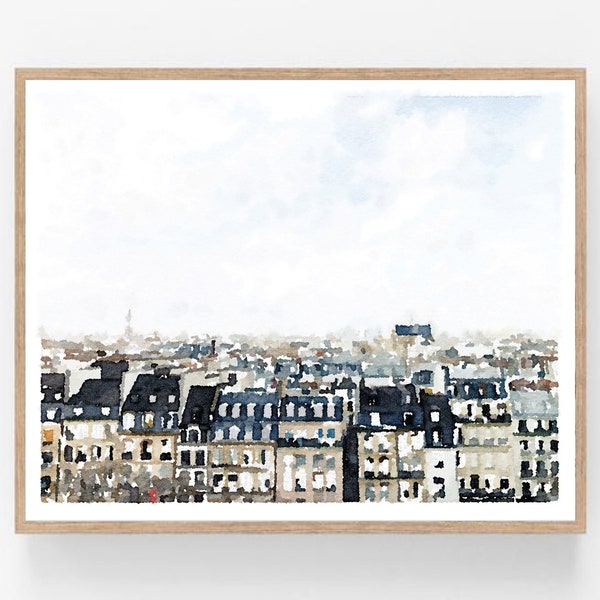 Paris Print Skyline Watercolor Wall Art Printable Neutral French Decor France Painting Vintage Buildings Street 5x7 8x10, 11x14, 16x20 18x24