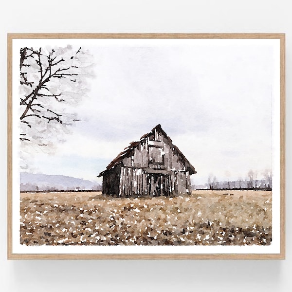 Old Barn Shed Watercolor Wall Art Digital Download, Vintage Shed, Farmhouse Decor Landscape Photography Print 5x7, 8x10, 11x14, 16x20, 18x24