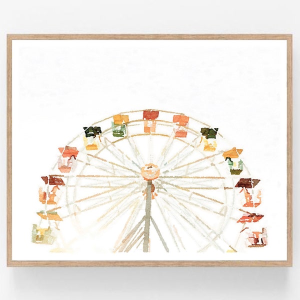 Large Poster Sizes Ferris Wheel Watercolor Print Digital Download, Neutral Wall Art Carnival Ride Playroom 11x14, 16x20, 18x24, 24x36, 30x40