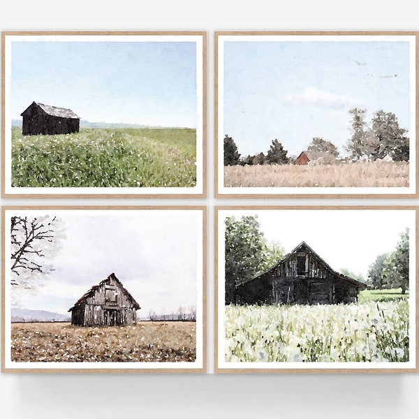 Farmhouse Decor Set of 4, Barn Shed Watercolor Wall Art, Printable Digital, Rustic Print, Wild Fields, Old Vintage, Landscape Photography