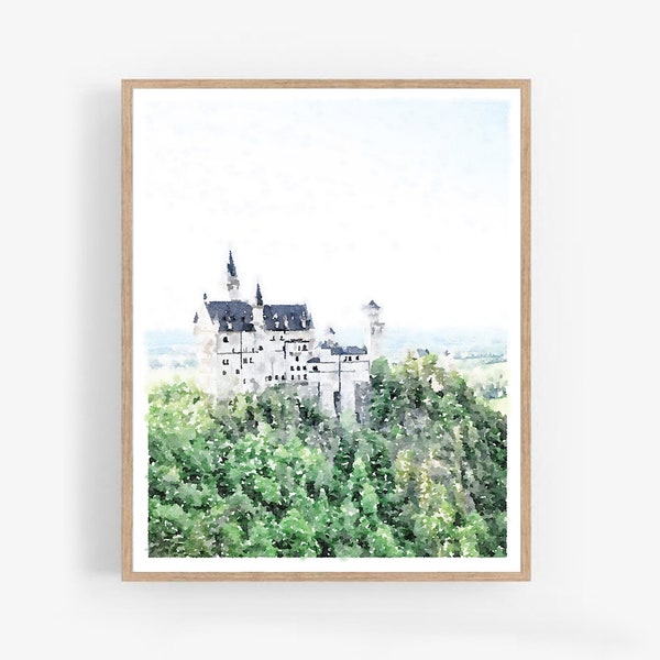 Neuschwanstein Castle Germany Watercolor Wall Art Digital Download Bavaria Neutral Print Photography Painting 5x7, 8x10, 11x14, 16x20, 18x24