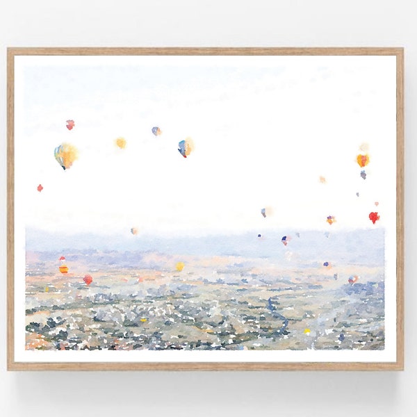 Hot Air Balloons Watercolor Wall Art, Digital Download Print, Neutral Poster Painting Landscape Photography 5x7, 8x10, 11x14, 16x20, 18x24