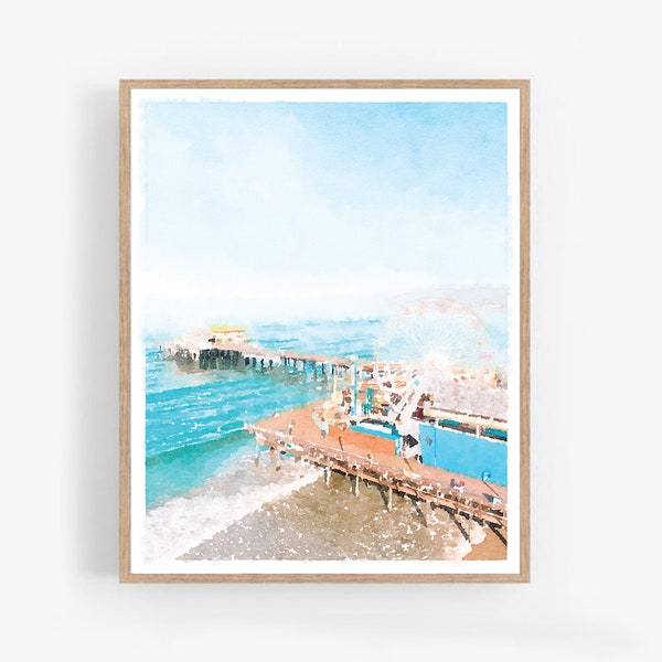 Santa Monica Pier Watercolor Travel Painting Printable Wall Art Download, California Print, Ferris Wheel Art 5x7, 8x10, 11x14, 16x20, 18x24