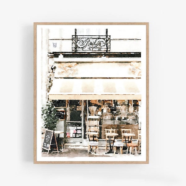 Paris France Cafe Watercolor Print Digital Download Neutral French Decor Photography Wall Art Painting Poster 5x7, 8x10, 11x14, 16x20, 18x24