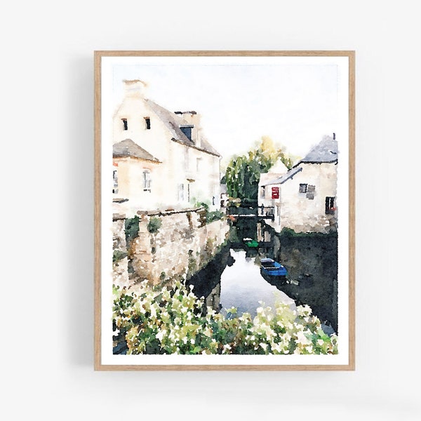 Bayeux Normandië Frankrijk aquarel kunst aan de muur afdrukbare, Frankrijk landschap print, stadsgezicht Frans landdecor 5 x 7, 8 x 10, 11 x 14, 16 x 20, 18 x 24