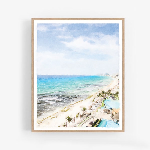 Cancun Mexico Art Print Watercolor Painting Printable Wall Art Download, Beach Landscape Mexican Decor 5x7, 8x10, 11x14, 16x20, 18x24