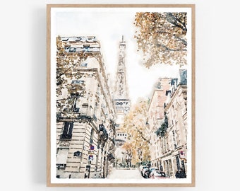 Neutral Paris Watercolor Printable Wall Art Download, France Painting, Parisian Decor, Eiffel Tower Travel Art 5x7 8x10, 11x14, 16x20, 18x24