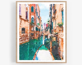 Puede incluir: Pintura acuarela de un canal estrecho en Venecia, Italia. El canal está bordeado de edificios altos y hay una góndola en el agua.