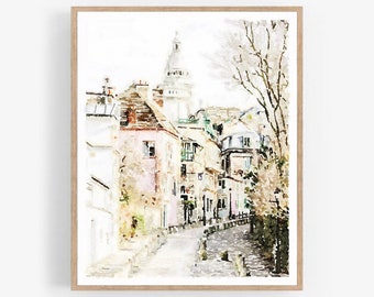 Paris Print Montmartre Street Watercolor Wall Art Digital Printable France Photography Buildings French Decor 5x7, 8x10, 11x14, 16x20, 18x24