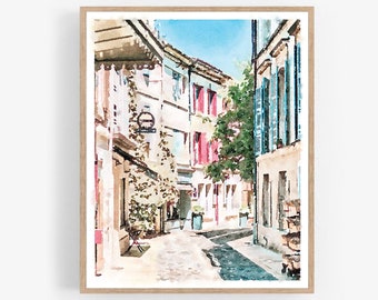 May include: Watercolor painting of a narrow street in a European city. The buildings are painted in shades of yellow, white, and blue, with red shutters. There are trees and plants growing along the sides of the street.
