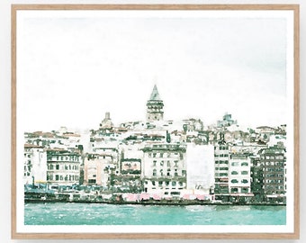 Istanbul Turkey Watercolor Wall Art Digital Printable, Neutral Decor, City Print, Cityscape Painting Poster 5x7, 8x10, 11x14, 16x20, 18x24