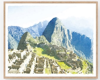 Machu Picchu Peru Watercolor Wall Art Digital Print, Andes Mountains Incan Citadel Urubamba River Valley Cusco 5x7 8x10, 11x14, 16x20, 18x24