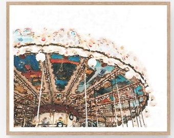 Paris France Carousel Watercolor Print Digital Download, French Decor, Carnival Ride, Game Playroom Wall Art 5x7, 8x10, 11x14, 16x20, 18x24