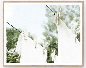 Neutral Laundry Room Print Watercolor Wall Art Digital Download, Clothesline Clothespins, Landscape Painting 5x7, 8x10, 11x14, 16x20, 18x24