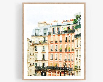 Könnte beinhalten: Aquarellmalerei einer Pariser Stadtlandschaft mit Blick auf mehrere Gebäude mit Balkonen und Fenstern. Die Gebäude sind in den Farben Pfirsich, Weiß und Grau gemalt. Das Gemälde hat eine weiche, verträumte Atmosphäre.