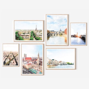 Living Room Decor Europe Travel Gallery Watercolor Wall Art Set of 6 Digital Download, Paris, Rome, London, Barcelona, Munich, Amsterdam