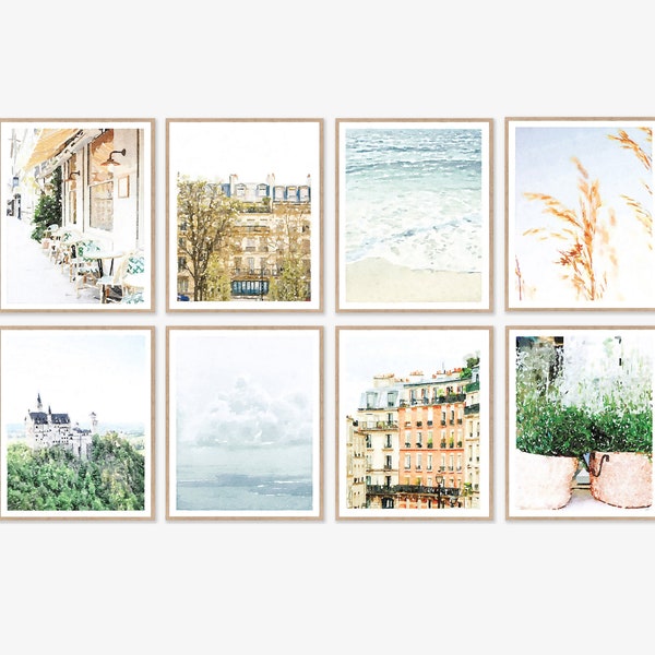 Set of 8 Neutral Watercolor Wall Art Prints, Paris, Beach, Wheat Grass, Neuschwanstein, Clouds, Flowers Photography Landscape 8x10, 11x14