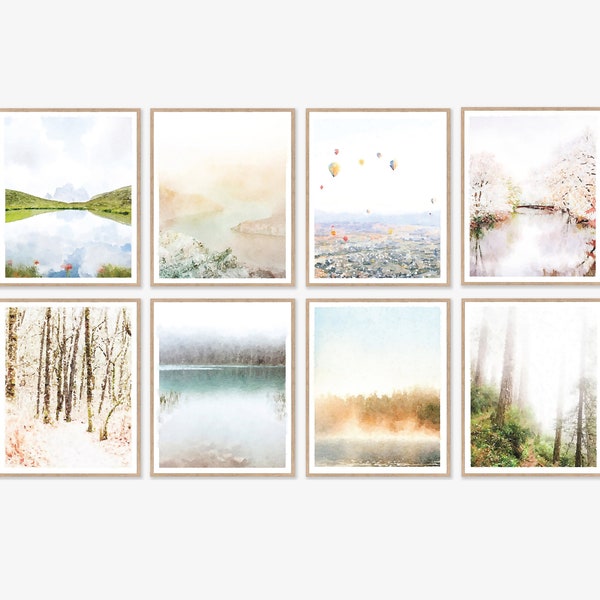 Gallery Wall Set of 8 Landscape Wall Art Digital Download Printable Art Prints, Watercolor Nature Painting, Spa Neutral Decor 8x10, 11x14
