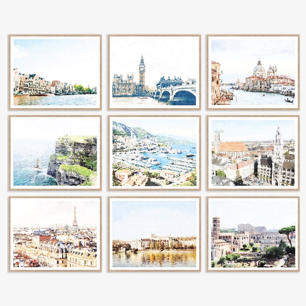 Set of 9 Europe Travel Gallery Wall Art Printables, Amsterdam, London, Venice, Ireland, Monaco, Munich, Paris, Prague, Rome, 8x10, 11x14