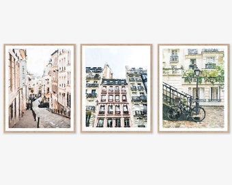 Paris Art Prints Digital Download Wall Art Set of 3, Paris Photography, Neutral Art, Paris Wall Decor, France Buildings Streets Watercolor