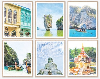 Phuket Thailand Set of 6 Digital Wall Art Prints, Phi Phi Islands Beach, Phang Nga Bay, James Bond Island, Fishing Boats, Temple 8x10, 11x14