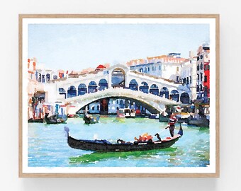 Puede incluir: Pintura a la acuarela del Puente de Rialto en Venecia, Italia. La obra representa el puente sobre un canal con góndolas. Los edificios bordean el canal y el cielo es de color azul claro. La pintura está enmarcada en un marco de madera clara.