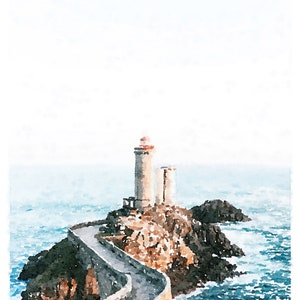 K&ouml;nnte beinhalten: Ein Aquarellbild eines Leuchtturms auf einer felsigen Insel mit einem gewundenen Weg, der zu ihm f&uuml;hrt. Der Leuchtturm ist wei&szlig; mit einem roten Dach und von blauem Wasser umgeben.