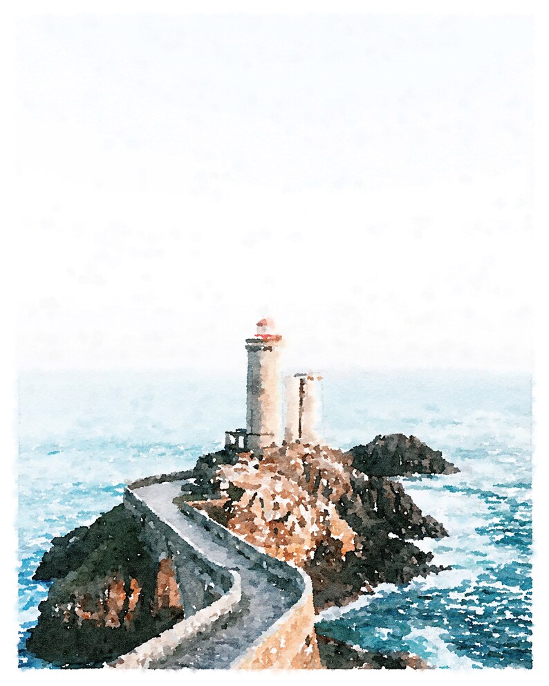 K&ouml;nnte beinhalten: Ein Aquarellbild eines Leuchtturms auf einer felsigen Insel mit einem gewundenen Weg, der zu ihm f&uuml;hrt. Der Leuchtturm ist wei&szlig; mit einem roten Dach und von blauem Wasser umgeben.