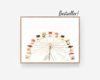 Ferris Wheel Neutral Watercolor Wall Art, Digital Printable, Carnival Ride Print, Happy Fun Photography Decor 5x7, 8x10, 11x14, 16x20, 18x24