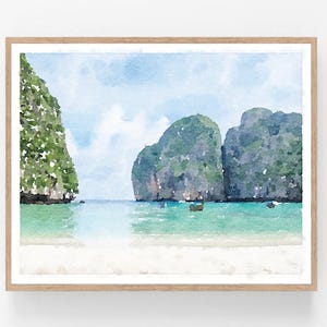 Phuket, Thailandia, Isole Phi Phi, acquerello, download digitale, stampa fotografica dell&#39;oceano, decorazione da spiaggia 5x7, 8x10, 11x14, 16x20, 18x24
