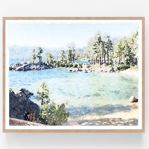 Lake Tahoe Landschaft Aquarell Druck digitaler Download, Sand Hafen Kunst Malerei Baum Fotografie Dekor 5 x 7, 8 x 10, 11 x 14, 16 x 20, 18 x 24