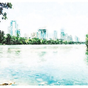May include: A watercolour painting of a city skyline with tall buildings reflected in a body of water. The water is a light blue colour and the sky is a light blue colour. There are trees on both sides of the water.