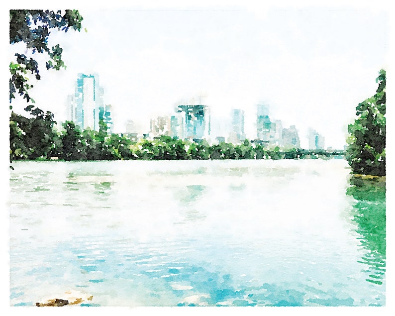 May include: A watercolour painting of a city skyline with tall buildings reflected in a body of water. The water is a light blue colour and the sky is a light blue colour. There are trees on both sides of the water.