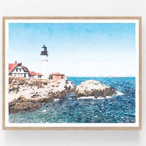 Arte de pared imprimible digital de acuarela costera del faro de Maine, decoración de pared náutica, impresión de faro de 5x7, 8x10, 11x14, 16x20, 18x24