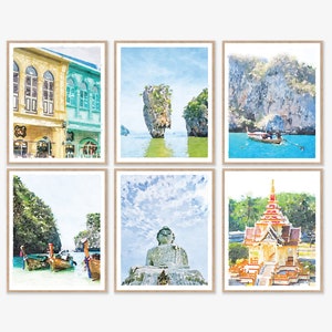 Set von 6 Chiffon Thailand Aquarell Wand Kunst Drucke Digitaler Download, Phi Phi Inseln Strand, Phang Nga Bucht, Tropisch Fotografie 20x30, 11x14