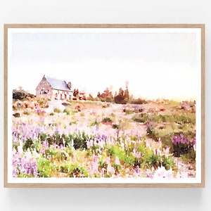 New Zealand Painting Watercolor House Flower Landscape Print Digital Printable, Lake Tekapo Old World Decor 5x7, 8x10, 11x14, 16x20, 18x24