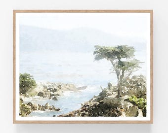 California Coast Lone Cypress Watercolor Wall Art, Digital Download, Landscape Print Photography Ocean Tree 5x7, 8x10, 11x14, 16x20, 18x24