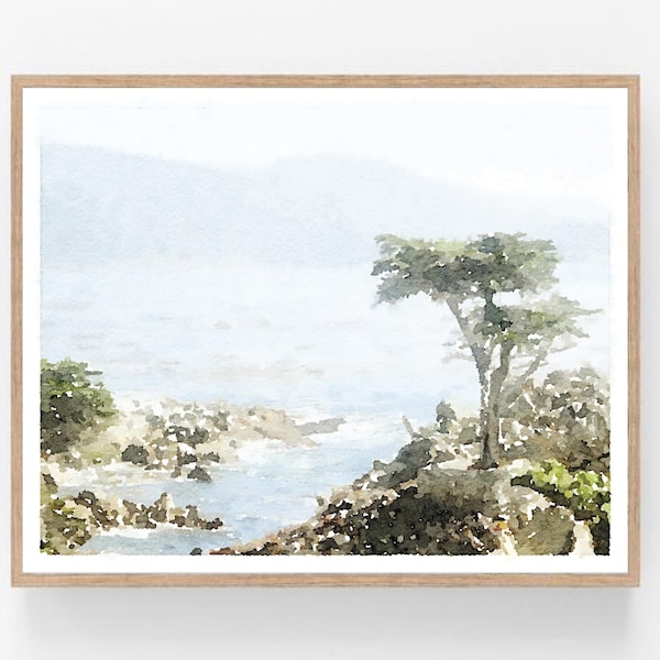 California Coast Lone Cypress Watercolor Wall Art, Digital Download, Landscape Print Photography Ocean Tree 5x7, 8x10, 11x14, 16x20, 18x24