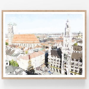 Munich Germany Cityscape Watercolor Painting Digital Download, Neutral Wall Art, Rathaus-Glockenspiel Print 5x7, 8x10, 11x14, 16x20, 18x24