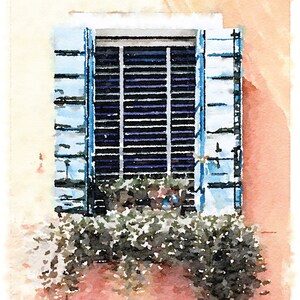 May include: A watercolor painting of a window with blue shutters and a view of green plants. The window is closed and the shutters are closed. The window is set in a wall that is painted a light orange color.
