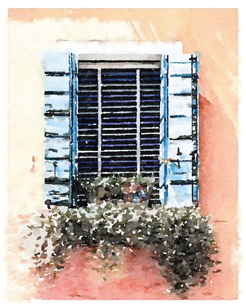 May include: A watercolor painting of a window with blue shutters and a view of green plants. The window is closed and the shutters are closed. The window is set in a wall that is painted a light orange color.